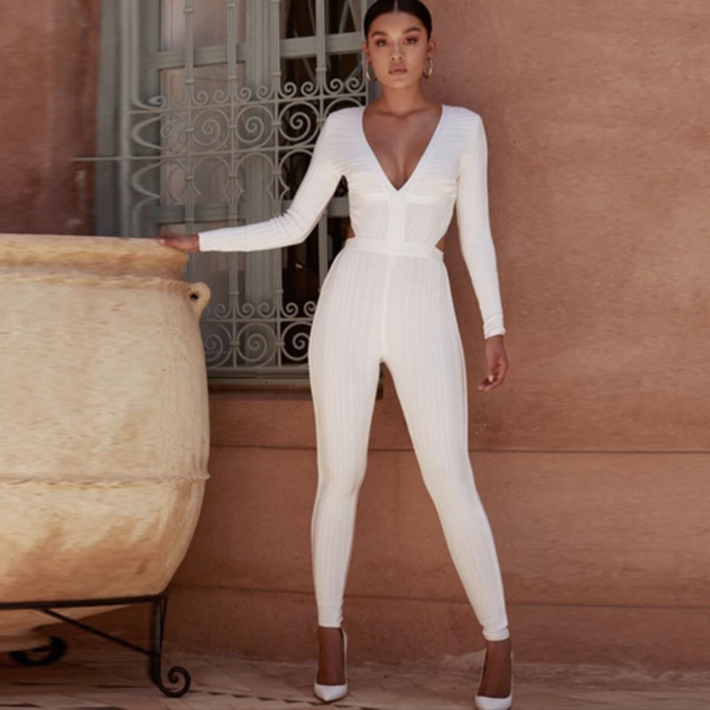 House of CB Arya White Long Sleeve Plunge Neck Stretch Texture Pant Jumpsuit- S - Picture 13 of 14